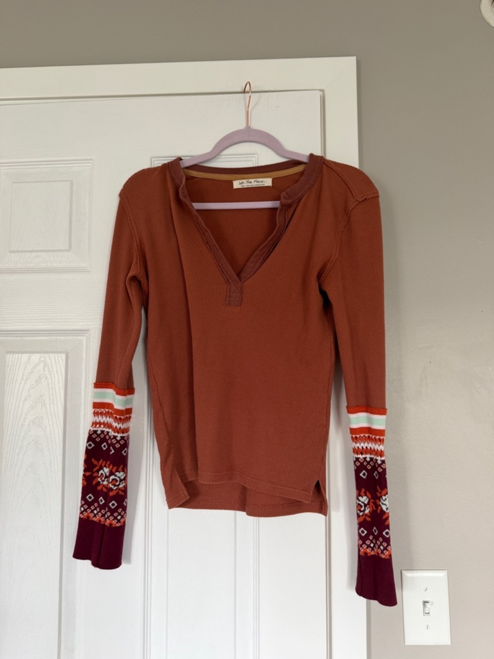 Free People Crochet Sleeve Waffle Knit Long Sleeve Thermal Top